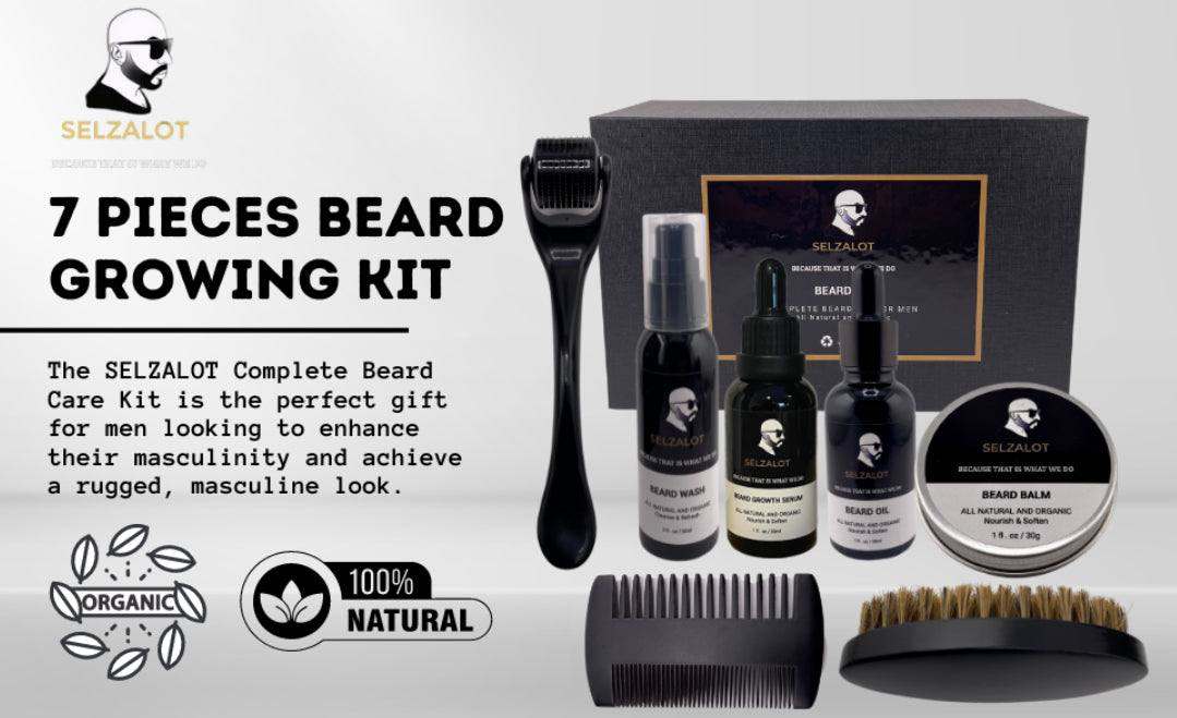 SELZALOT Beard Growth Kit Facial Hairs Men's Grooming Set 7 Pieces Beard Products with Oil, Serum, Balm, Shampoo, Comb, Brush and Hand Beard Care Kit for Men Men Self Care
