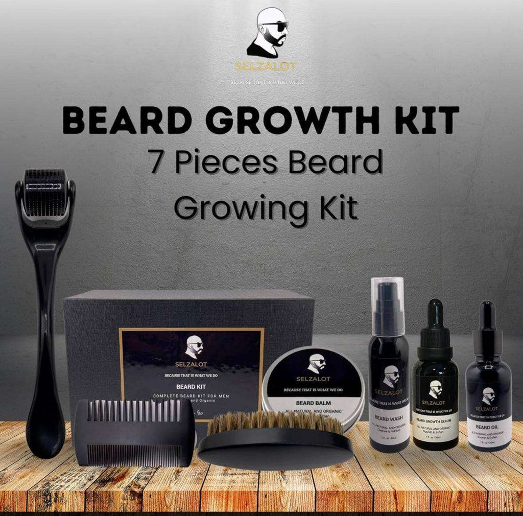 SELZALOT Beard Growth Kit Facial Hairs Men's Grooming Set 7 Pieces Beard Products with Oil, Serum, Balm, Shampoo, Comb, Brush and Hand Beard Care Kit for Men Men Self Care