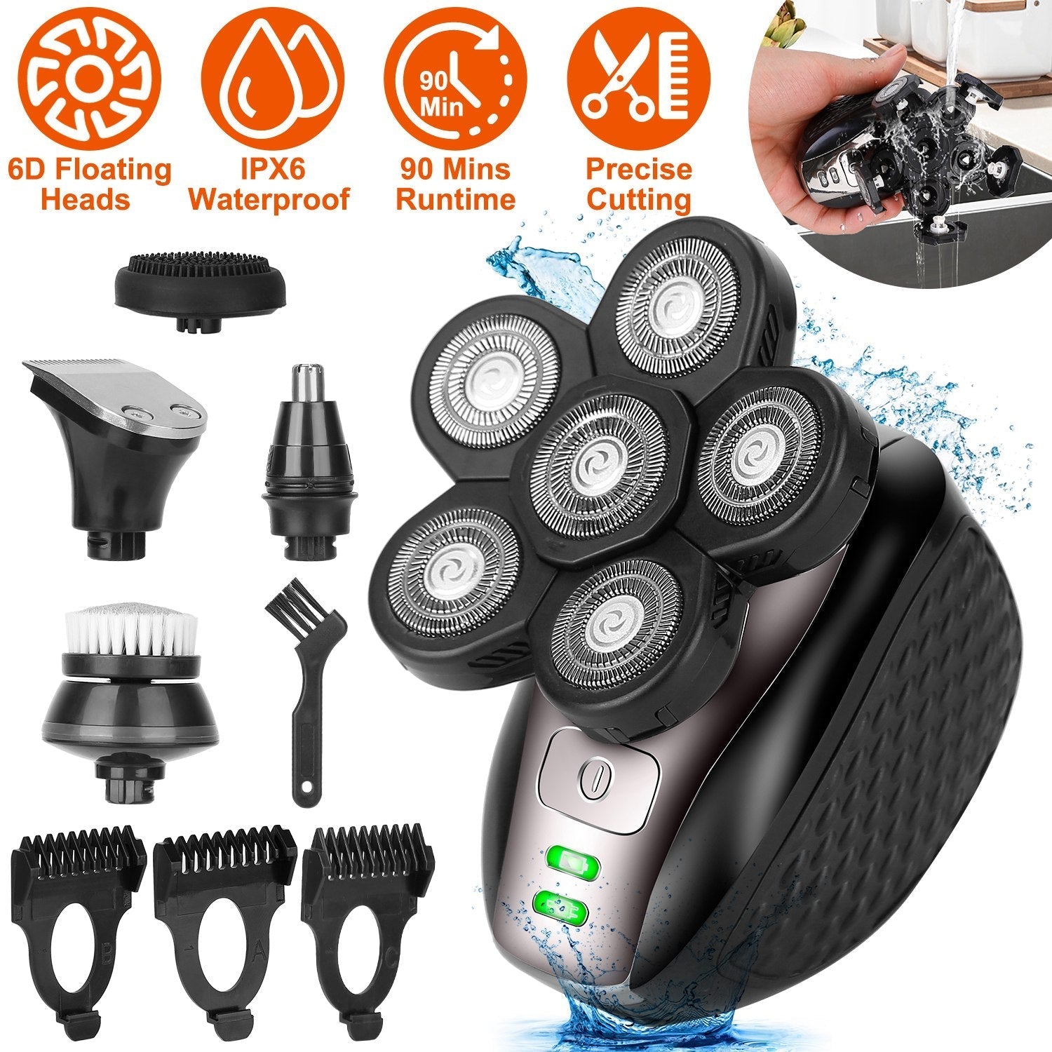 5 In 1 Electric Razor For Bald Men Rechargeable Cordless Head Beard Trimmer Shaver Kit IPX6 Waterproof Dry Wet Grooming Kit with 3 Combs
