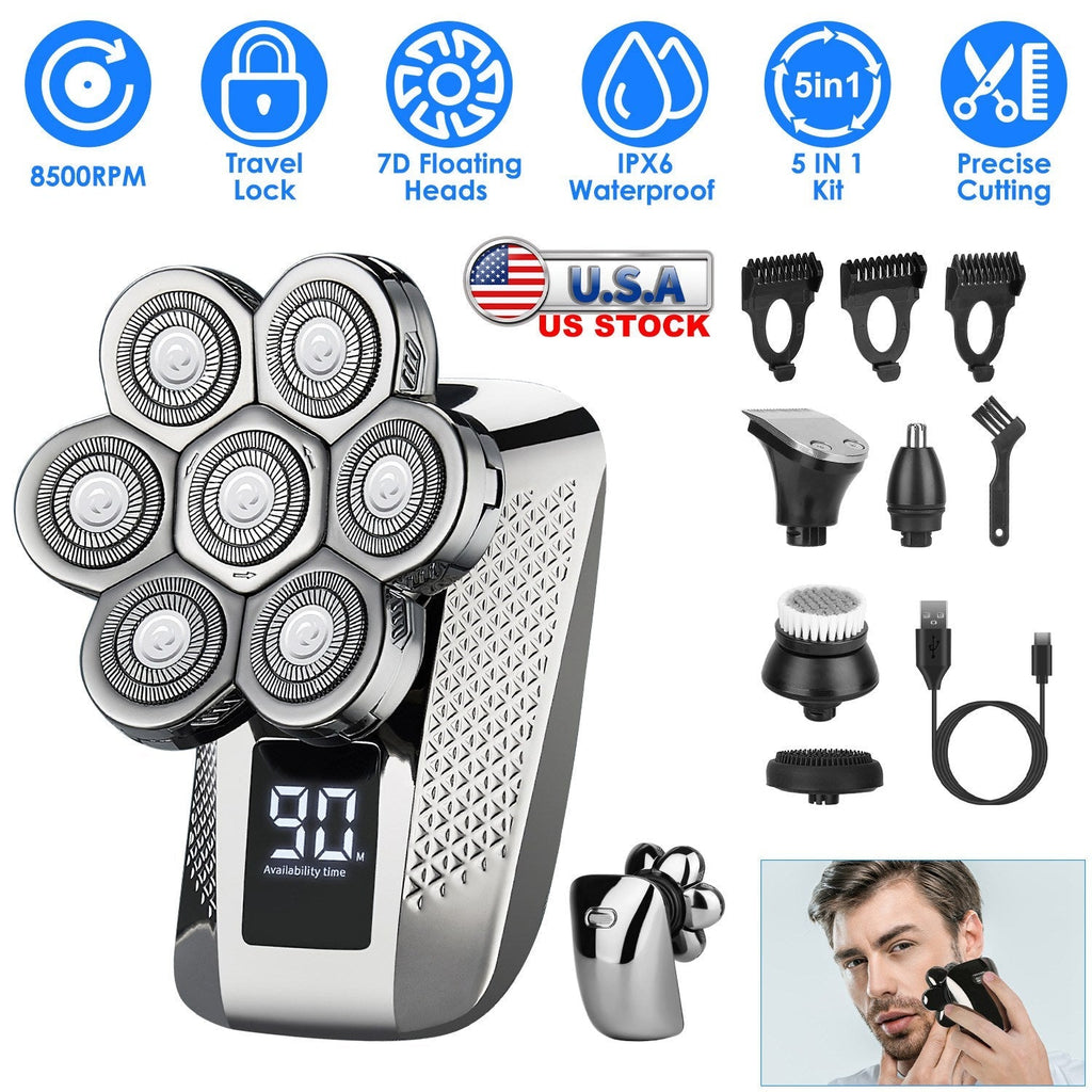 Head Shavers for Bald Men 5 In 1 7D Electric Rotary Razor Rechargeable Cordless Head Beard Trimmer Shaver Kit IPX6 Waterproof Dry Wet Grooming Kit wit