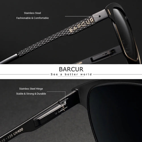 BARCUR Polarized Men’s Sunglasses – Fashionable Square Stainless Steel Frame UV400 Protection Anti-Reflective Outdoor Sports & Driving Eyewear – Original Design Casual Style with Premium Polycarbonate Lenses