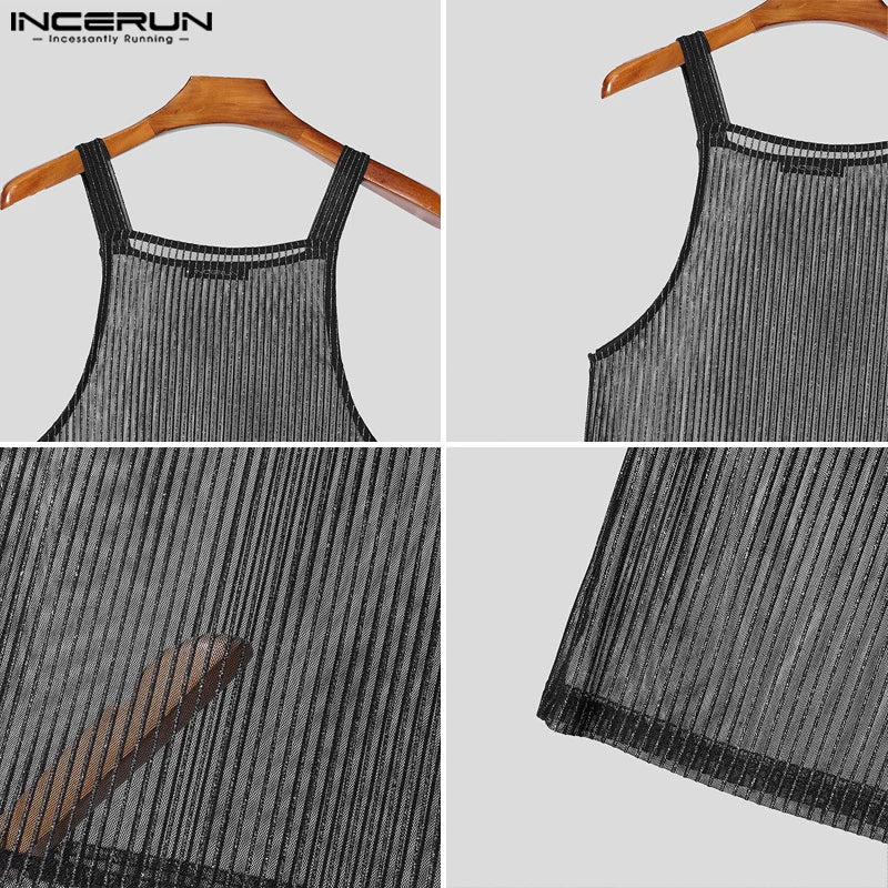 INCERUN Tops 2025 American Style Fashion Men Sparkling Fabric Stripe Perspective Mesh Vests Casual Clubwear Male Thin Tank Tops