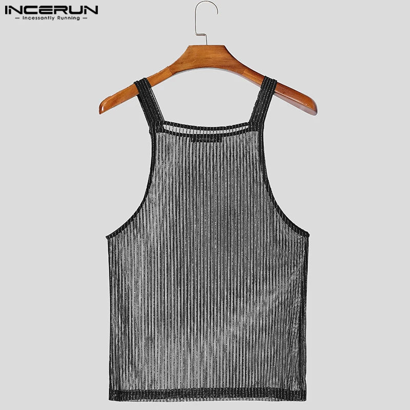 INCERUN Tops 2025 American Style Fashion Men Sparkling Fabric Stripe Perspective Mesh Vests Casual Clubwear Male Thin Tank Tops