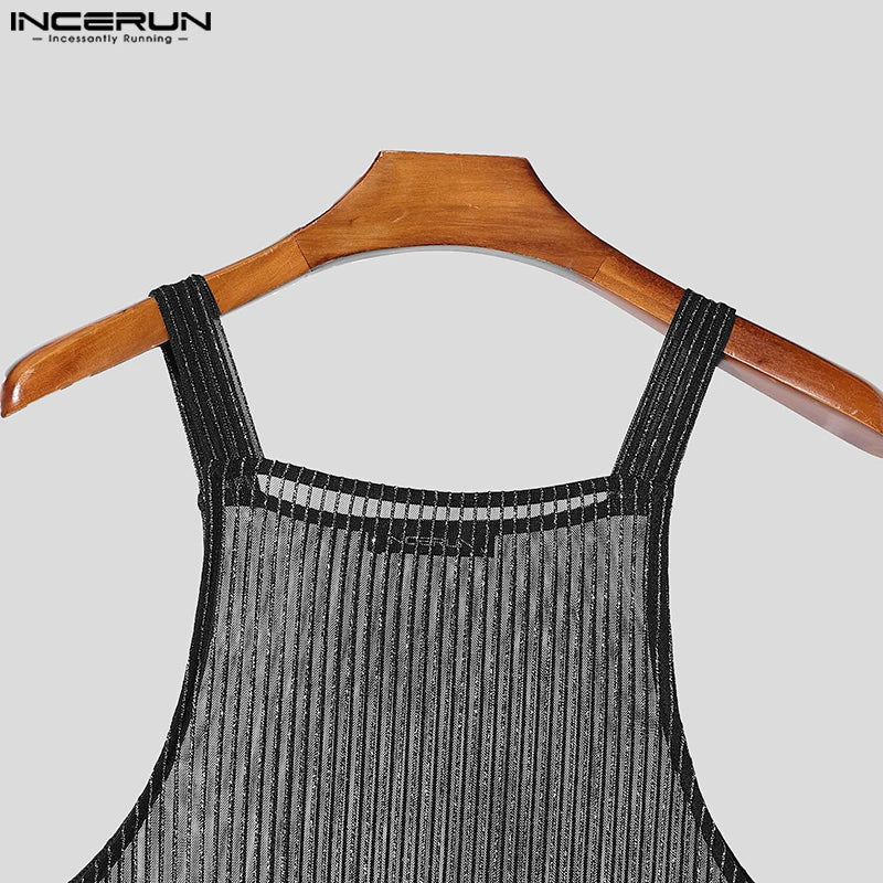 INCERUN Tops 2025 American Style Fashion Men Sparkling Fabric Stripe Perspective Mesh Vests Casual Clubwear Male Thin Tank Tops