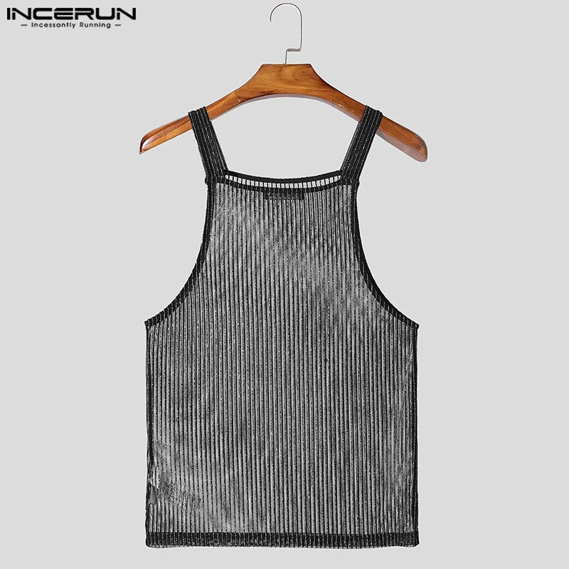 INCERUN Tops 2025 American Style Fashion Men Sparkling Fabric Stripe Perspective Mesh Vests Casual Clubwear Male Thin Tank Tops