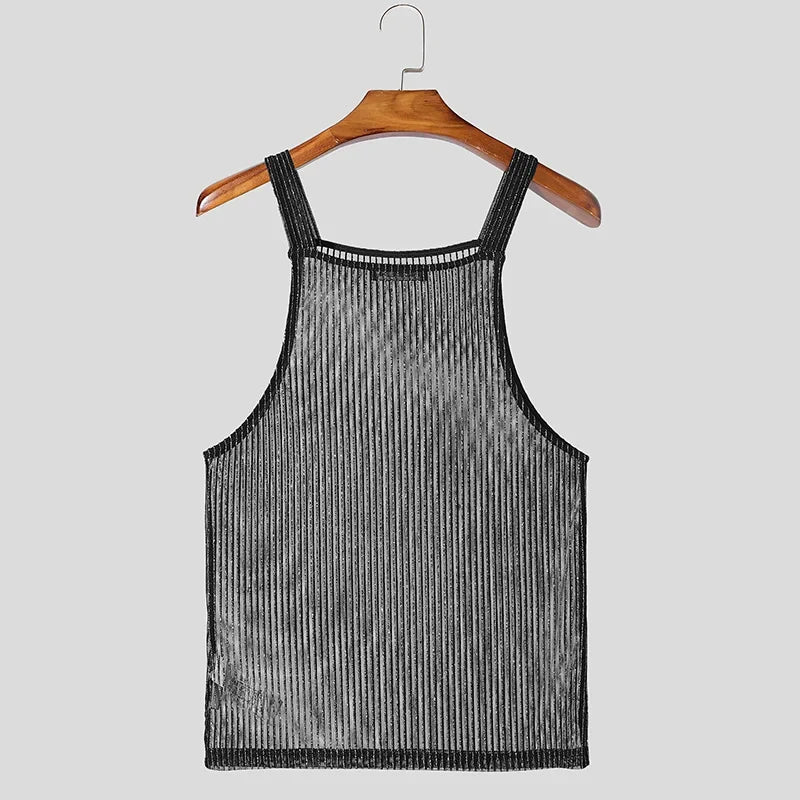 INCERUN Tops 2025 American Style Fashion Men Sparkling Fabric Stripe Perspective Mesh Vests Casual Clubwear Male Thin Tank Tops