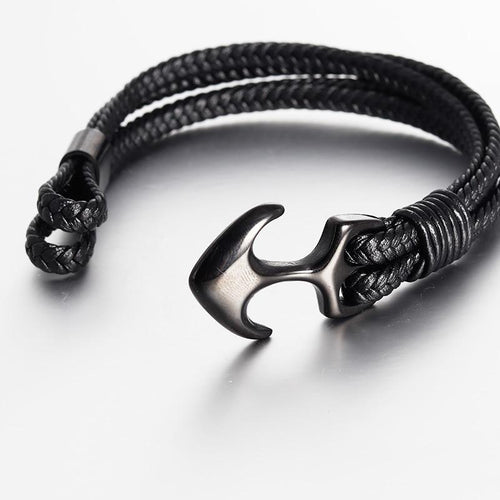 Anchor Bracelet — Titanium Steel and Black Leather