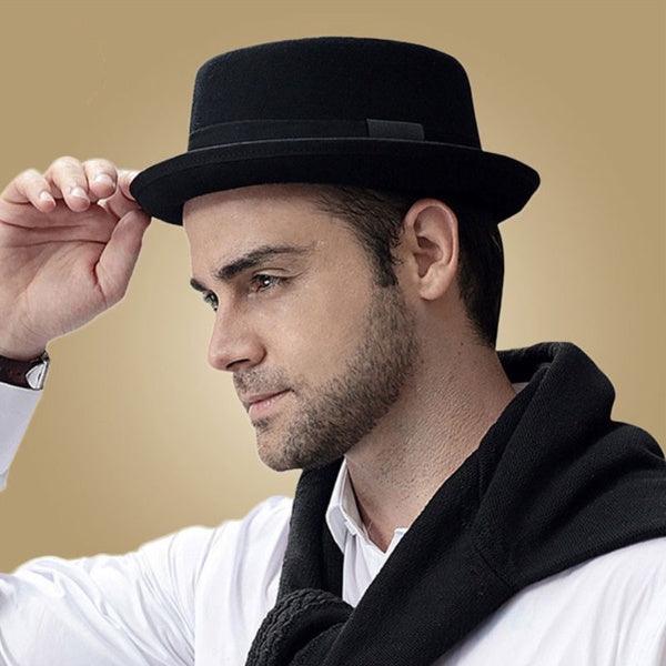 Vintage Pork Pie Hat Men Short Brim Cotton Pork Pie Hat Men's Porkpie Hats Flat Top Fedora Black Hat Mans Simple Gentlemen Party Hat Classic Design Soft Light Weight Hat Dress Hat Sun Hat